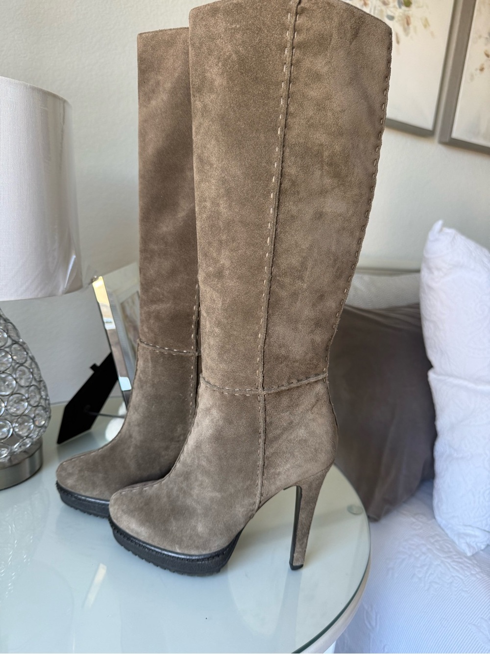 Women's Taupe Suede Real Leather High Heel Knee Boots size 6